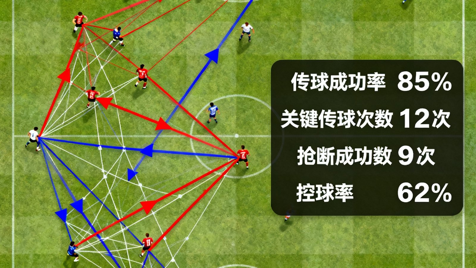 欧冠决赛战术分析图，球场俯视图上用彩色箭头标注球队跑动路线和传球网络，数据面板显示各项统计指标