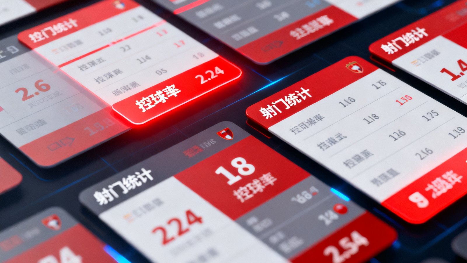 即时比分播报系统界面，多个赛事比分卡片实时跳动，红色高亮标记进球事件，数据面板清晰展示控球率和射门统计