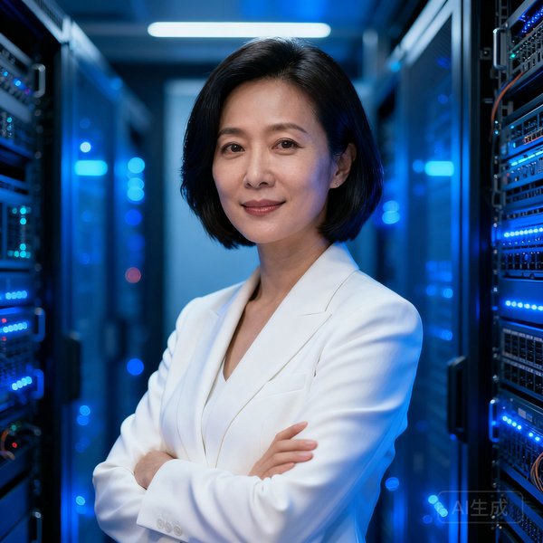 首席技术官林雪肖像照，三十五岁女性，干练短发，身穿白色西装外套，背景为服务器机房蓝色灯光