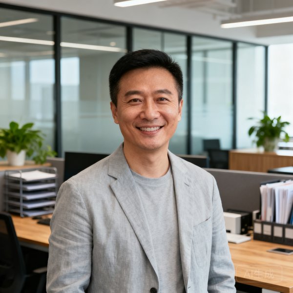 首席运营官王海峰肖像照，三十八岁男性，面带微笑，身穿浅灰色休闲西装，背景为开放式办公区